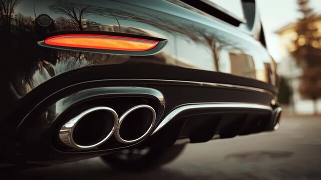 Close up of a cars dual exhaust pipes on a sleek black, Close up of a car dual exhaust pipes on a sleek black sports vehicle, highlighting glossy finish and performance details