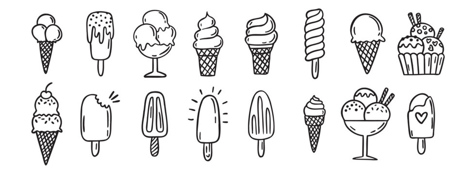 ice cream doodle hand drawn icon set. Outline drawing ice cream line clipart symbol collection