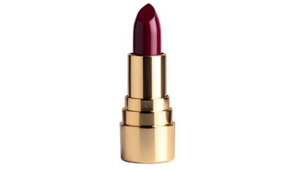 A tube of dark red lipstick with a gold metal case against a black background