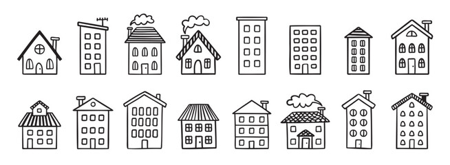 House building with roof doodle hand drawn icon set. Outline drawing house building with roof line clipart symbol collection