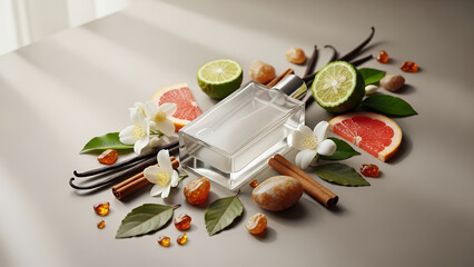 Scented perfume bottle surrounded by fresh fruits and aromatic ingredients showcasing perfume notes concept