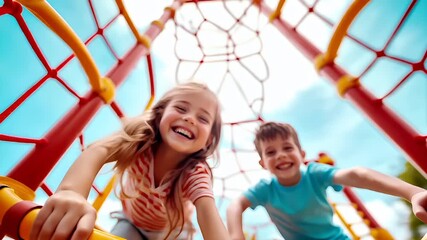 A young girl is captured in a candid moment on a playground equipment. She is wearing a striped shirt and has her hair flowing freely. The playground equipment is red and yellow.