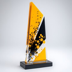 Abstract geometric trophy with yellow and black splashes high resolution image