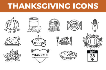 Thanksgiving Holiday Icon Set &ndash; Minimalist Autumn Harvest Vector Graphics for Dinner, Gratitude, and Fall Festivals