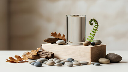 Minimalist perfume bottle elegantly displayed with natural stones and foliage highlighting perfume notes concept