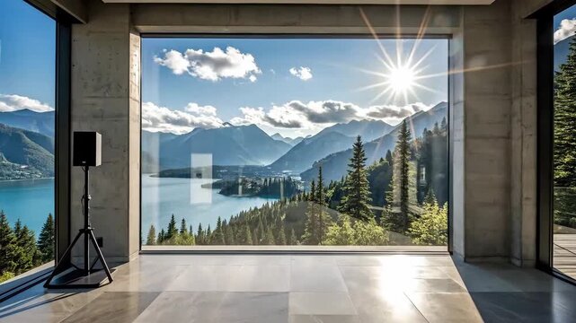 Modern interior space with a large window overlooking a scenic mountain lake.