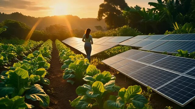 Female agr technician inspecting solar panels in a sunny field with lush green crops