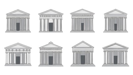 Set of line art illustrations of classical Greek temples with columns and pediments