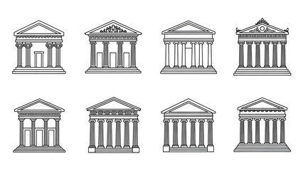 Set of Outline Greek Temple Buildings with Columns and Pediments architecture classical