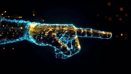 AI. Science technology. Hightech. Hologram. VR. AR. Background. A highresolution digital artwork of a human hand, intricately detailed with glowing blue and gold lines and dots.