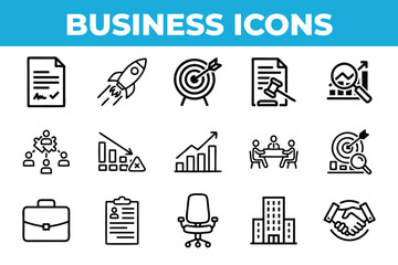 Corporate Business Icon Set &ndash; Minimalist Black Line Vector Collection for Finance, Strategy, and Office Branding