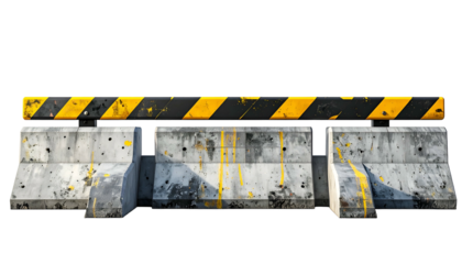 Concrete jersey barriers with a striped black and yellow top piece, set against black