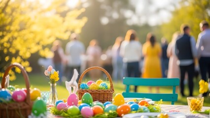Easter celebration with colorful eggs and family gathering in park