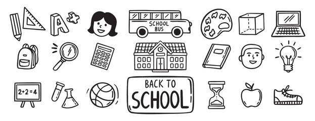 Back to School doodle hand drawn icon set. Outline drawing school items line clipart symbol collection  © Yanka