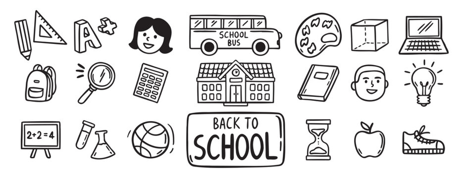 Back to School doodle hand drawn icon set. Outline drawing school items line clipart symbol collection 