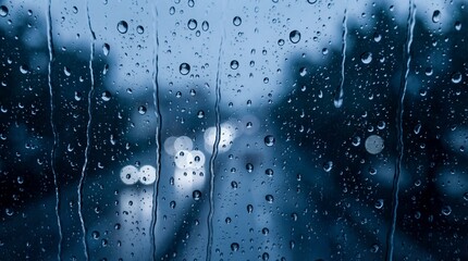 Raindrops streaming down a car windshield on a moody blue night, creating a beautiful bokeh effect from blurred streetlights and headlights on a highway during heavy rain.