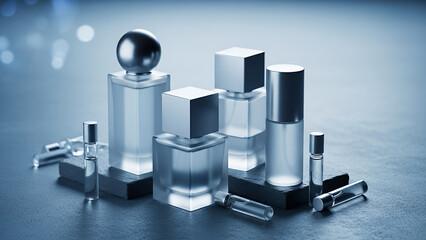 Contemporary clear perfume bottles with geometric shapes on a stylish platform for scent layering concept