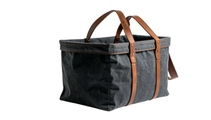 Charcoal canvas tote with leather straps. Front-facing, slightly angled on black background