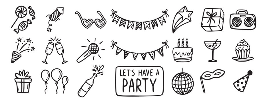 Party event or Birthday doodle icon element doodle hand drawn icon set. Outline drawing party, carnival celebration concept line clipart symbol collection. sketch birthday cake, balloon, decoration