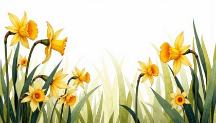 Obraz premium Vibrant Yellow Daffodils Blooming in a Lush Green Meadow Against a Crisp White Background Heralding the Arrival of Spring and New Beginnings
