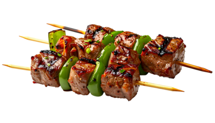 Grilled skewers with alternating beef and green pepper pieces against a dark background