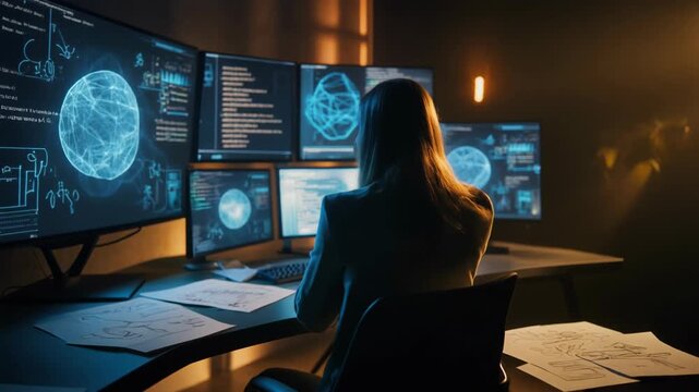 Female cybersecurity analyst monitoring multiple holographic screens with brain neural imagery in dim high-tech control room