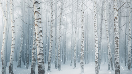 Snow falls gently in a forest filled with tall birch trees. The ground is covered in white, and a thick fog surrounds the trees, creating a quiet atmosphere
