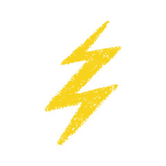 Doodle crayon lightning symbol. Hand drawn chalk lightning with grunge texture. Graphic element for fun collages. Crayon doodle yellow thunder. Vector pencil illustration isolated on white background.
