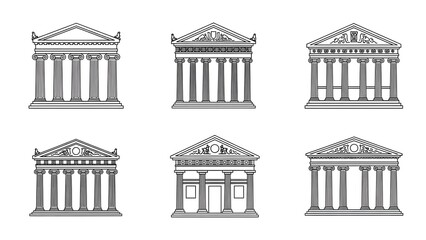 Six line art illustrations of classical Greek temples with various column arrangements and pediments