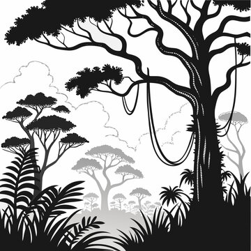 Dense jungle foliage silhouettes depict a thick tropical forest canopy with hanging vines and layered vegetation.