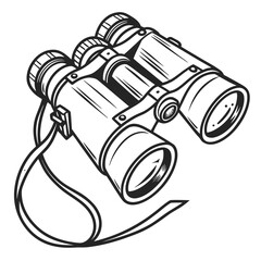Binoculars with a neck strap are shown in a detailed black and white line art drawing on a white background.