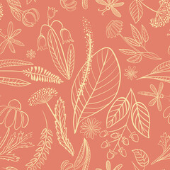 A seamless floral pattern consisting of medicinal plants and flowers.