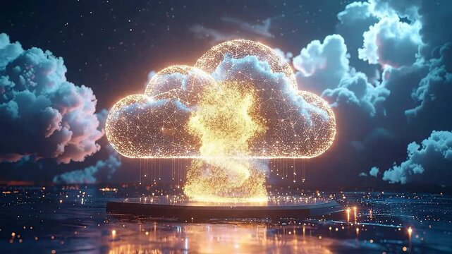 Glowing cloud formation with network connections and lightning on a reflective surface.