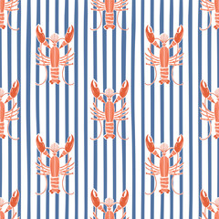 Blue coastal striped lobster seamless pattern. Sea, ocean, marine, summer sea vacation repeat background. Hand drawn beach wallpaper, geometric print, wrap paper, retro fabric, vector textile design.