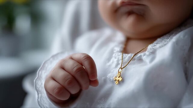 a newborn baby&rsquo;s hand gently holding a delicate gold Orthodox cross attached to a baptismal rosary. The tiny fingers softly grasp the cross, emphasizi