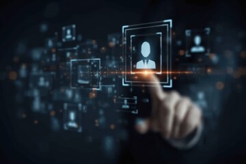 Recruiter analyzing candidate data on virtual screen using AI hiring technology for workforce optimization and HR management