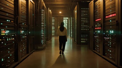 Female it technician walking through data center aisle between server racks - Powered by Adobe