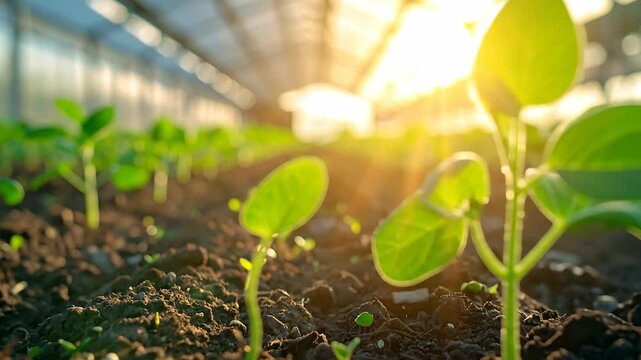 Young seedlings emerge from the soil in a greenhouse, illuminated by the sun.