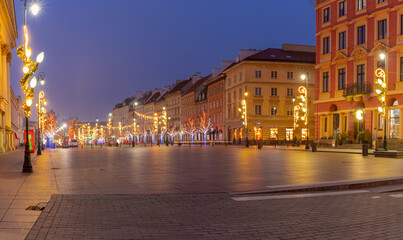 Obraz premium Christmas lights on main street in Warsaw Poland