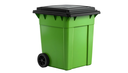 A green, wheeled bin with a black lid, isolated on a black background