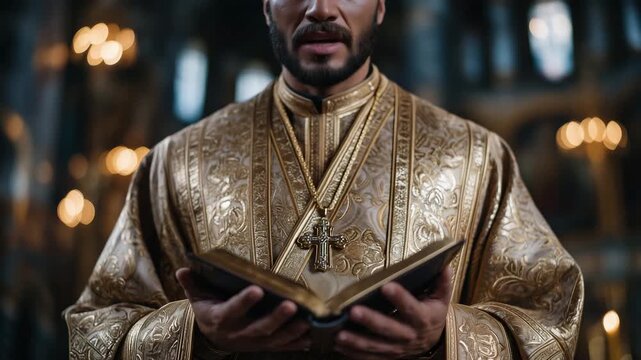 an Orthodox Christian priest standing inside a traditional Orthodox church, holding an open Holy Bible with both hand