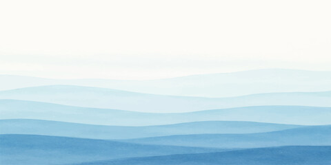 A serene mountain landscape vector features snow-capped peaks under a blue sky at sunrise, where mist and fog settle over the forest valley and rolling hills as clouds drift across the horizon © MONORA