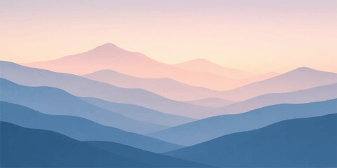 Misty blue mountain range at dawn with a forest valley under a foggy sunrise sky and peaks silhouetted against the morning horizon