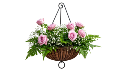 Hanging floral basket with pink roses, ferns, and delicate white filler