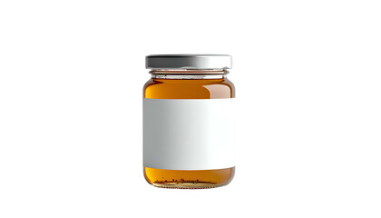 A small glass jar with a silver lid and a blank white label against a black background