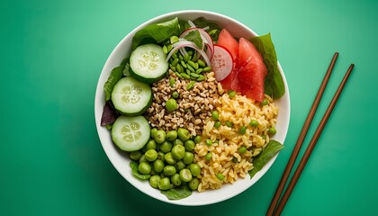 Vibrant Vegetarian Grain Bowl with Fresh Vegetables and Greens
