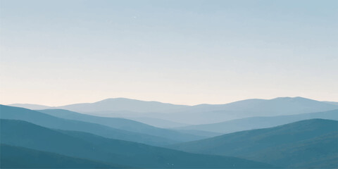 Fototapeta premium A serene mountain landscape at sunrise features mist and fog rolling through a forested valley under a blue sky filled with clouds as the morning sun casts a glow over the horizon