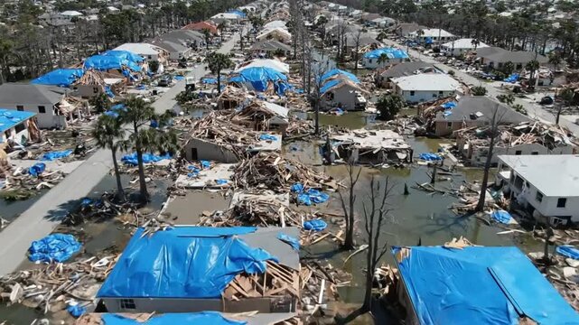 Aerial view of a hurricane ravaged residential neighborhood, with destroyed houses covered by blue tarps, debris scattered everywhere.
