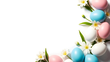 Happy easter sunday greeting with colorful eggs and spring flowers