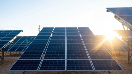 Massive solar power plant array glowing with bright sunlight and lens flare. Photovoltaic cells generating sustainable, clean, renewable energy in a desert environment.